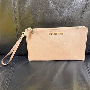 Michael Kors Gold Logo Tan Wristlet